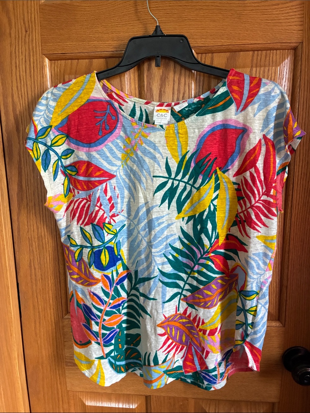 C&C California Short Sleeve Tropical Leaf Print Tee — Pink, Yellow, Green, Blue